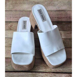 Steve Madden Platform Cork Mules in White Leather 9 M Slip On Statement Open Toe